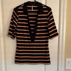Free People Donna Striped Deep V-Neck Top in Black, Orange, and Cream